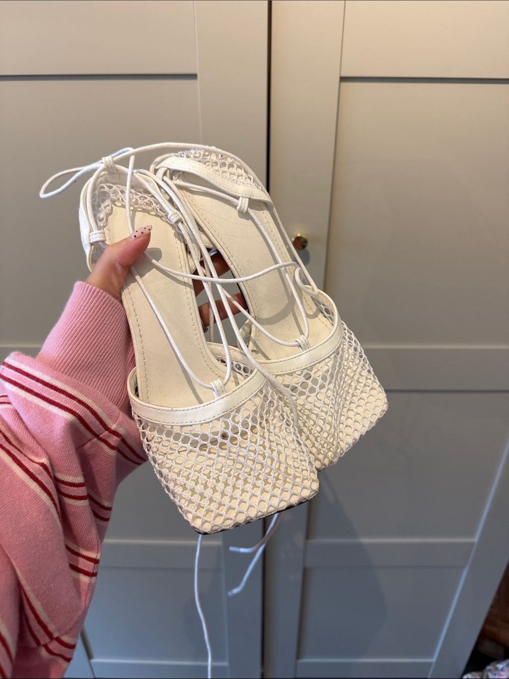 White Lace-Up Mesh Platform Heels